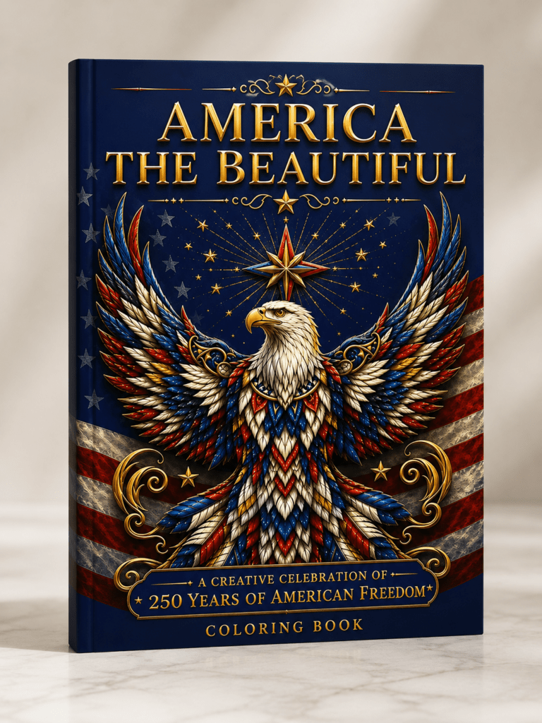 America The Beautiful. A peaceful coloring journey inspired by America’s landscapes, symbols, and 250 years of history. Celebrating 250 Years of American freedom