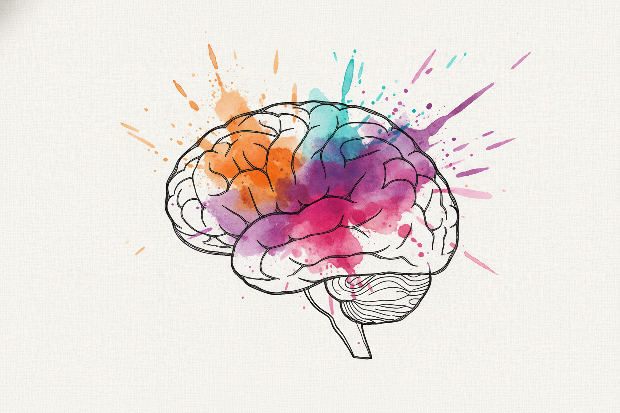 Artistic brain with colorful watercolor splashes representing how coloring activates the mind