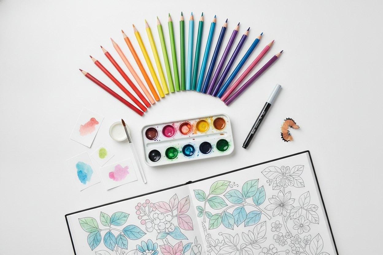 Flat lay of colorful art supplies including pencils, watercolor, and a coloring book page