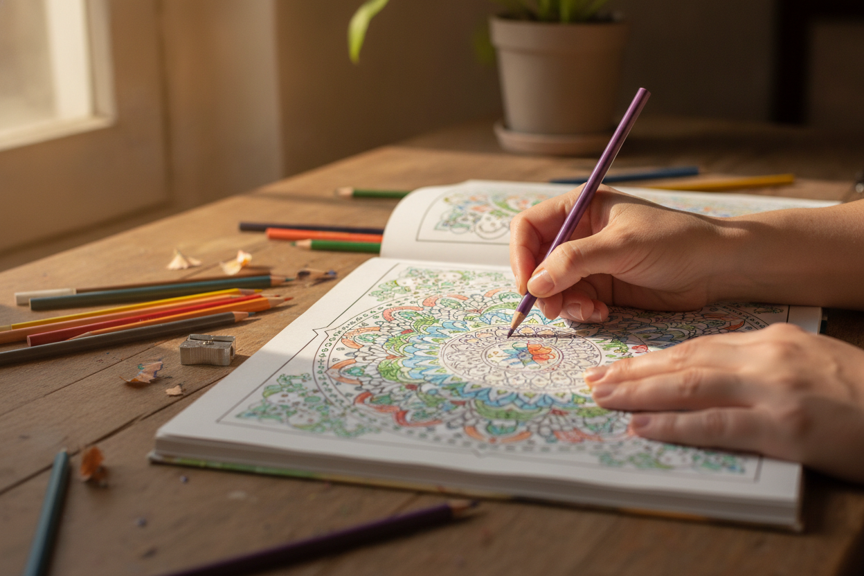 Hands calmly coloring a mandala with colored pencils on a wooden table