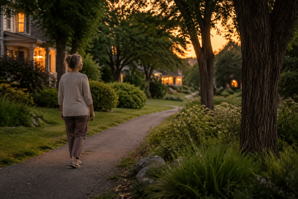 Woman taking a slow, calming neighborhood walk after work at sunset