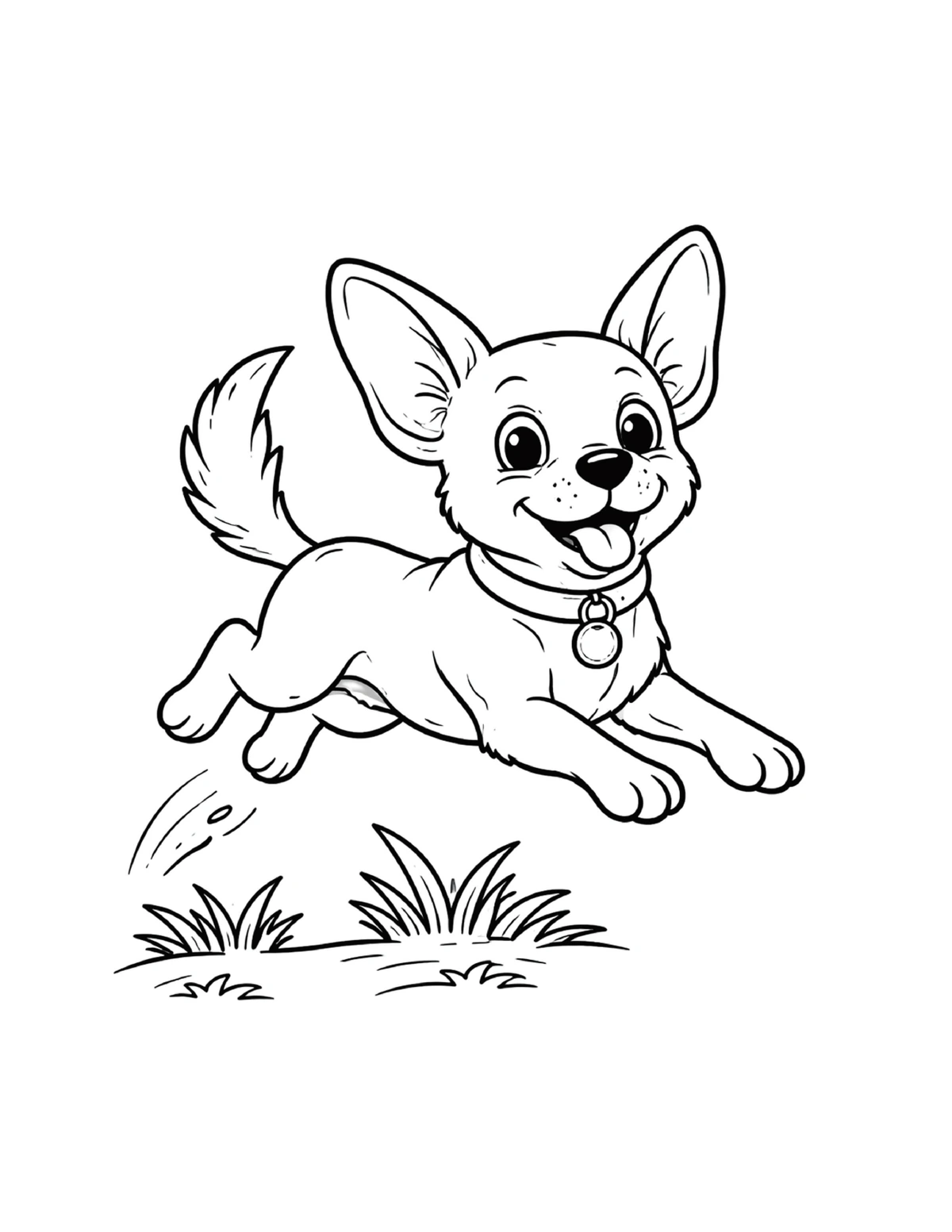 Playful small dog leaping through the grass, black-and-white coloring page from Adorable Dogs To Color