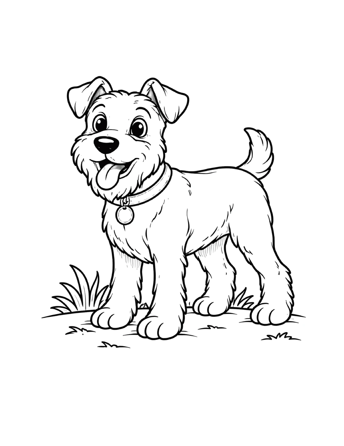 Cheerful terrier puppy standing outdoors, black-and-white coloring page from Adorable Dogs To Color