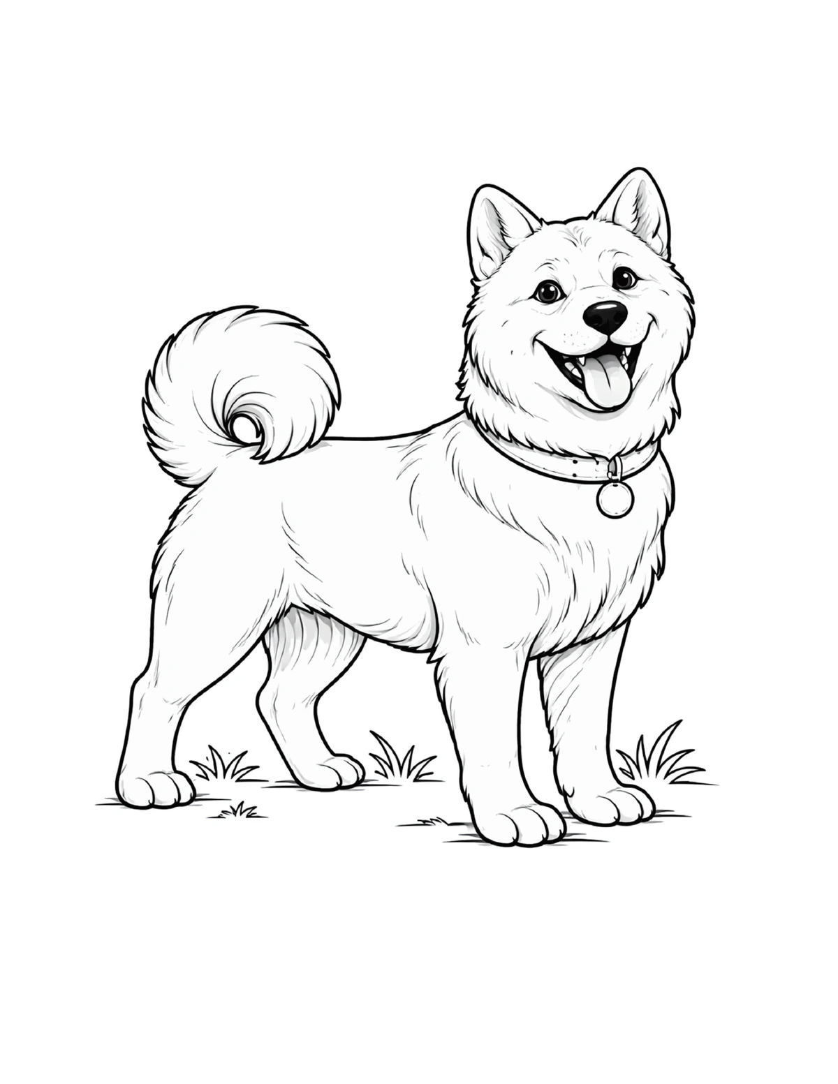 Fluffy spitz-type dog standing with a curled tail, black-and-white coloring page from Adorable Dogs To Color