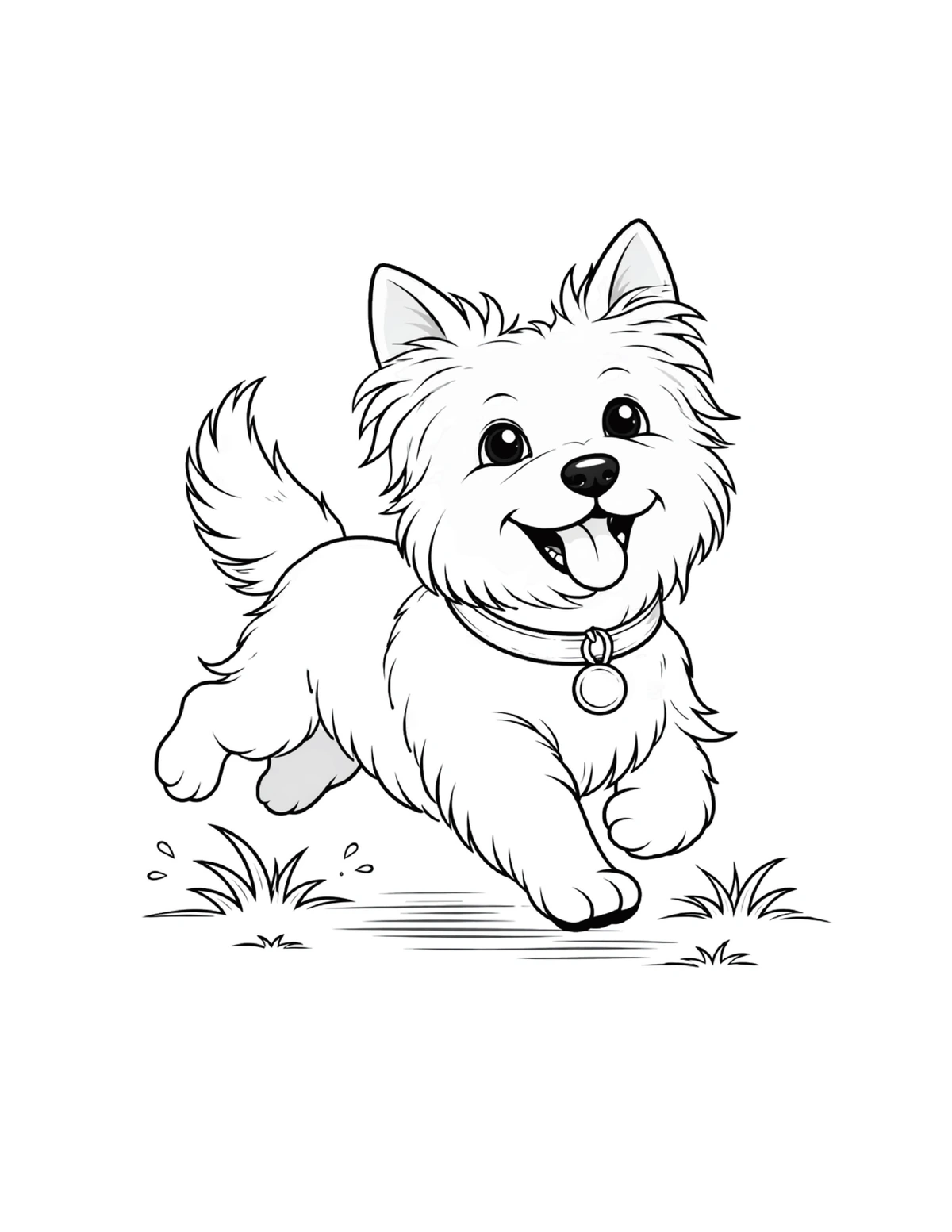 Small fluffy dog with upright ears and a curled tail, black-and-white coloring page from Adorable Dogs To Color