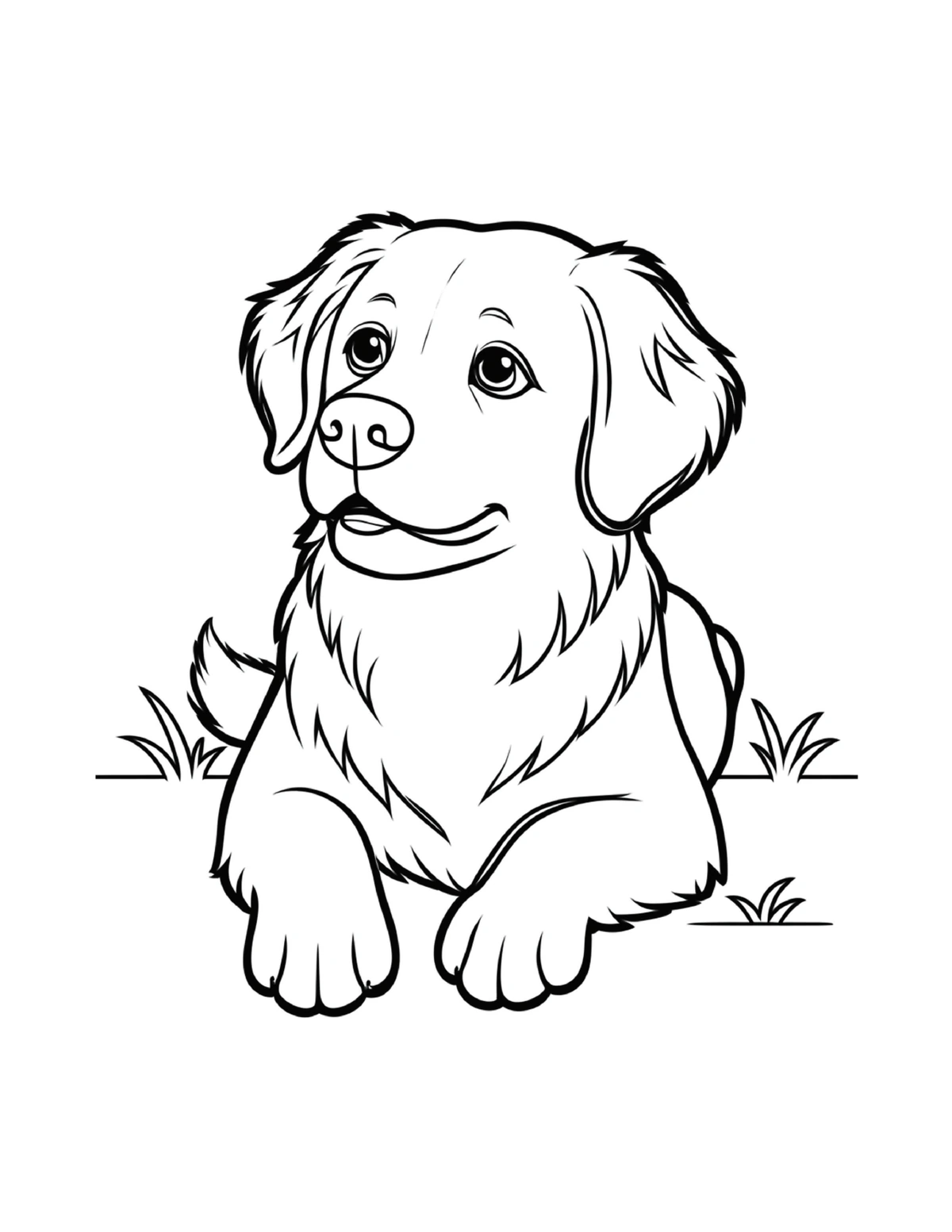 Fluffy retriever puppy sitting in the grass, black-and-white coloring page from Adorable Dogs To Color