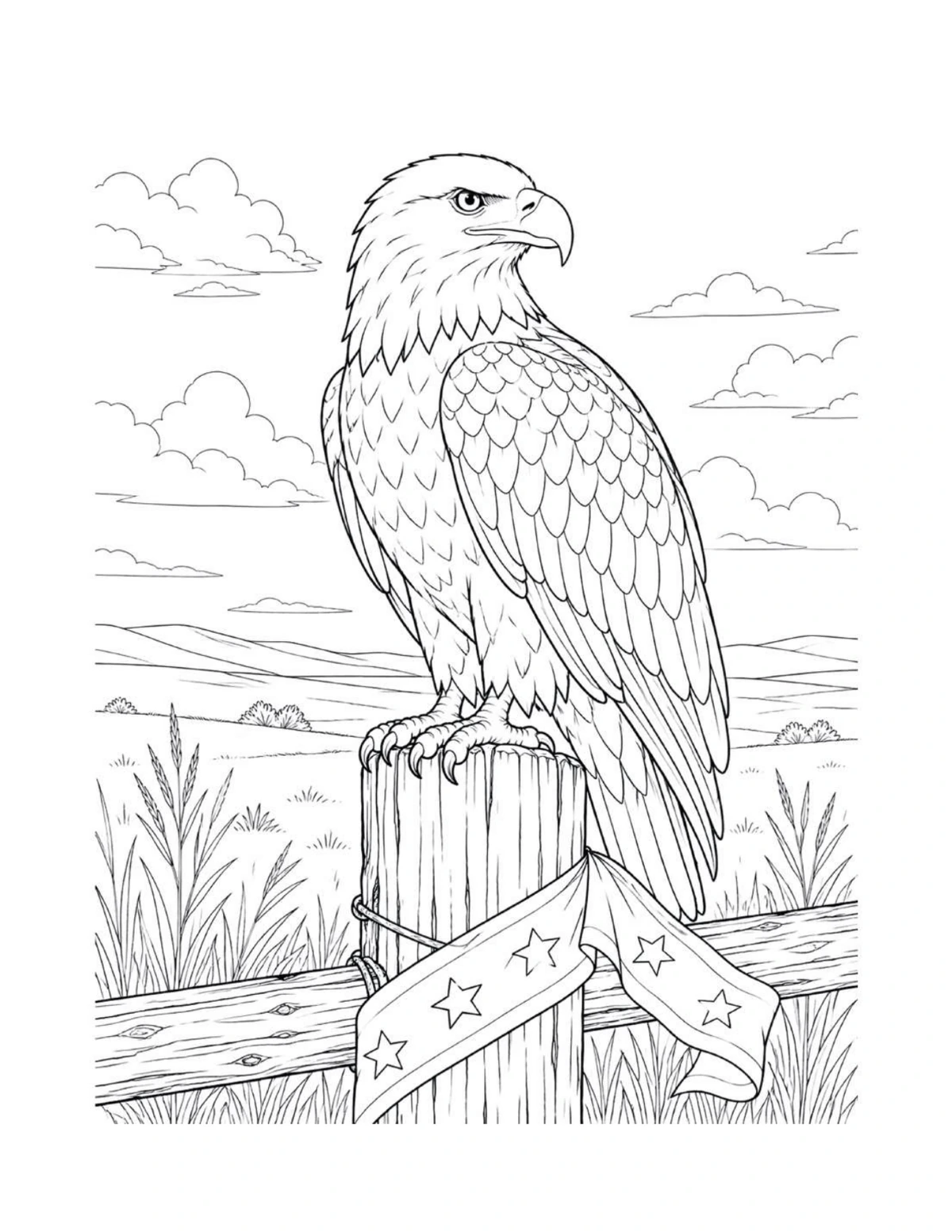 Bald eagle perched above an American landscape, black-and-white coloring page from America the Beautiful Coloring Book