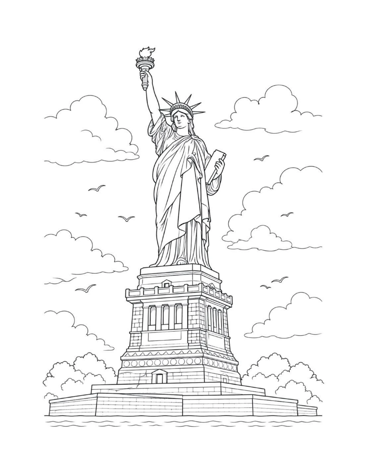 Statue of Liberty beneath an open sky, black-and-white coloring page from America the Beautiful Coloring Book