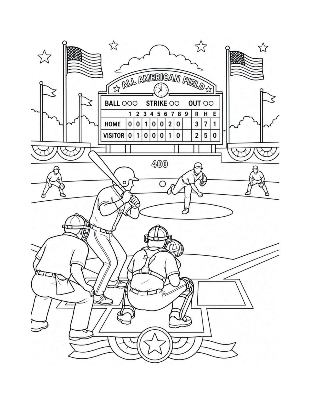 Baseball players gathered at a classic ballpark, black-and-white coloring page from America the Beautiful Coloring Book