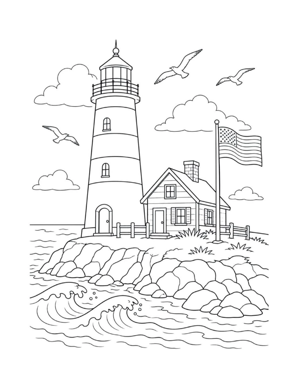 Coastal lighthouse flying an American flag, black-and-white coloring page from America the Beautiful Coloring Book