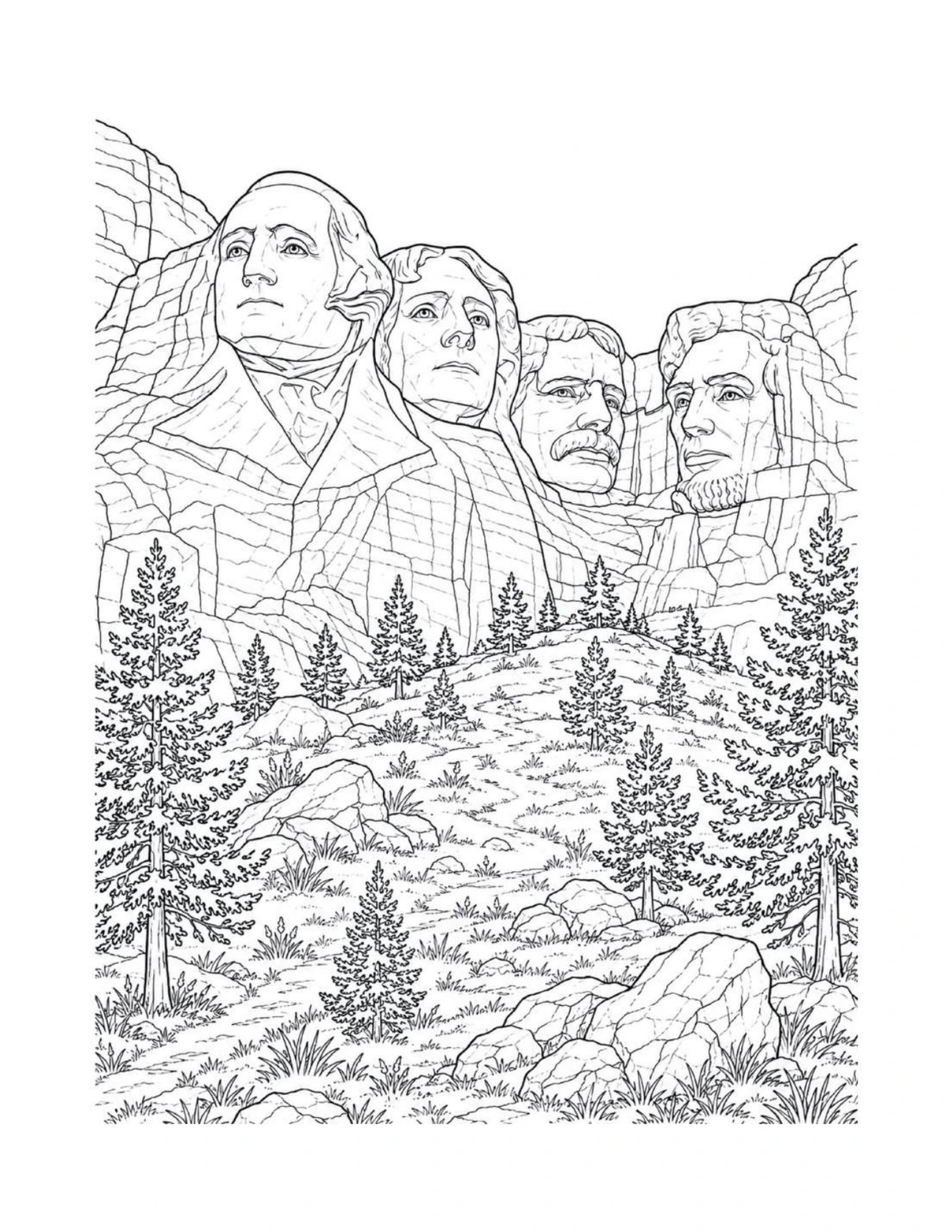 Mount Rushmore framed by evergreen trees, black-and-white coloring page from America the Beautiful Coloring Book