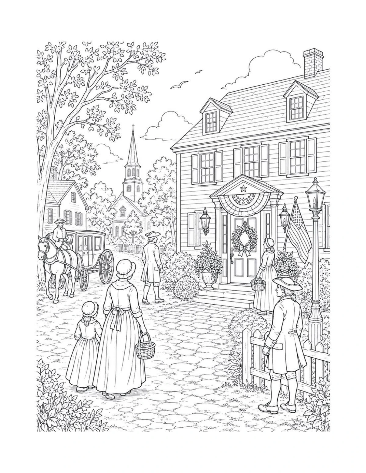 Historic American street with pedestrians and flags, black-and-white coloring page from America the Beautiful Coloring Book