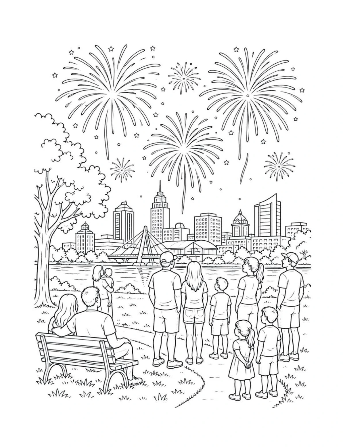 Fourth of July celebration with fireworks over a city skyline, black-and-white coloring page from America the Beautiful Coloring Book