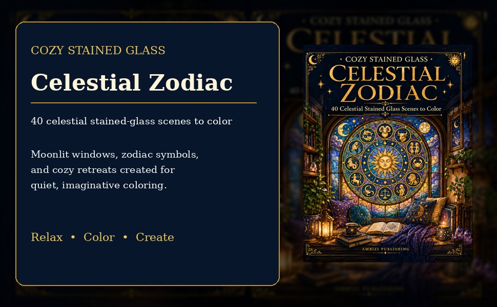 Cozy Stained Glass: Celestial Zodiac cover with book description