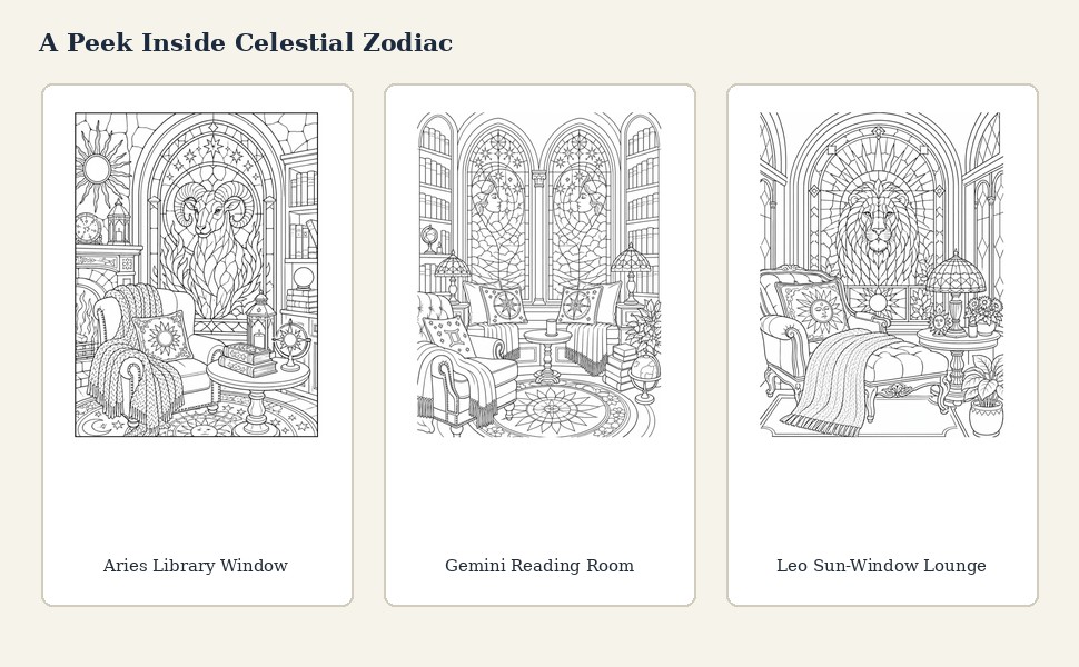 Three sample coloring pages from Cozy Stained Glass: Celestial Zodiac showing Aries, Gemini, and Leo rooms