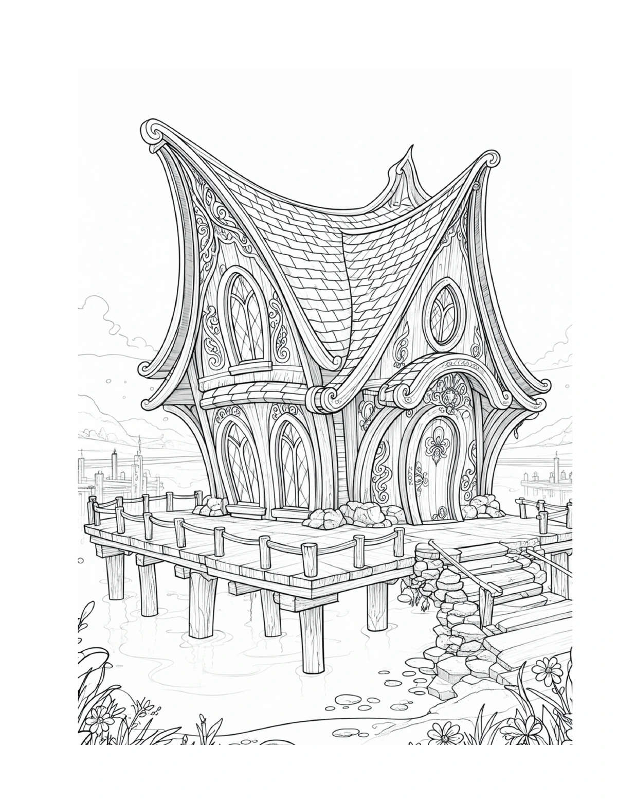Elegant fairy harbor house raised above the water, black-and-white coloring page from Fairy Architecture: Fairy Harbor Edition