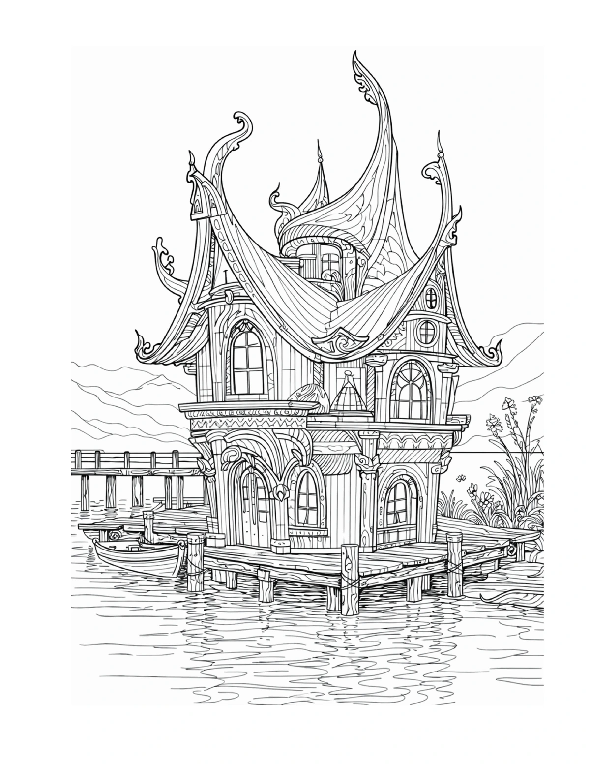 Tall fairy waterfront home with curved roofs, black-and-white coloring page from Fairy Architecture: Fairy Harbor Edition