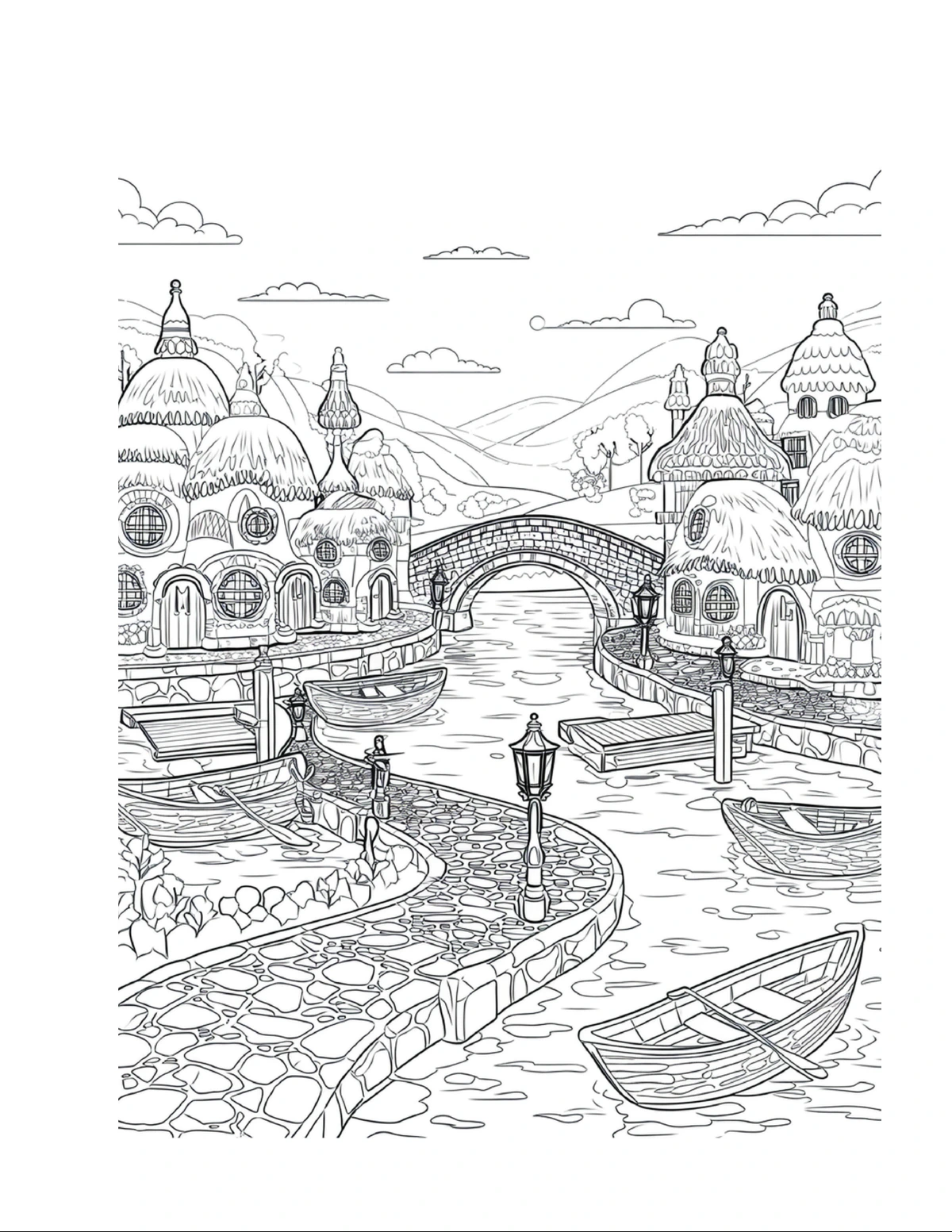 Fairy harbor village and stone bridge beside the water, black-and-white coloring page from Fairy Architecture: Fairy Harbor Edition