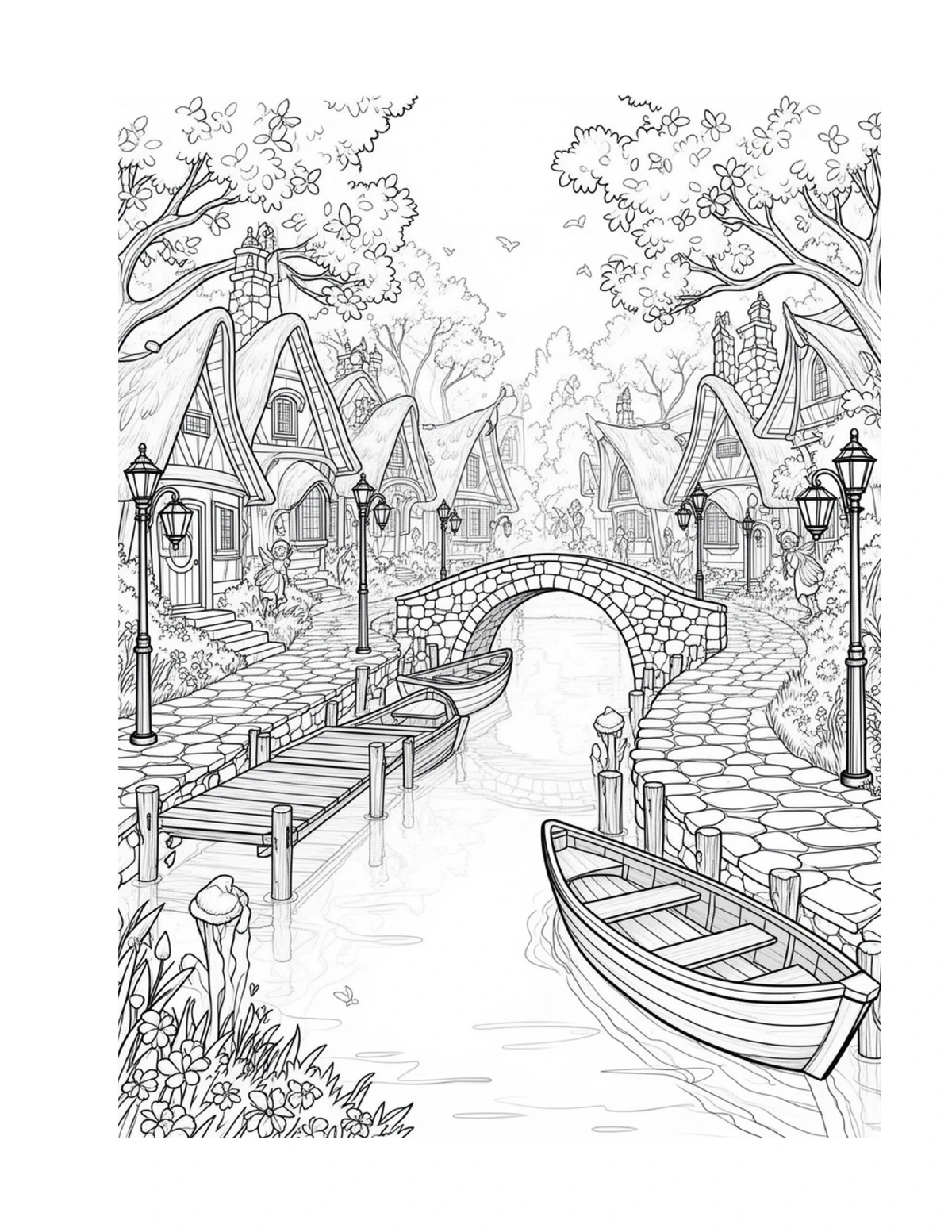 Small boat traveling through a fairy harbor canal, black-and-white coloring page from Fairy Architecture: Fairy Harbor Edition