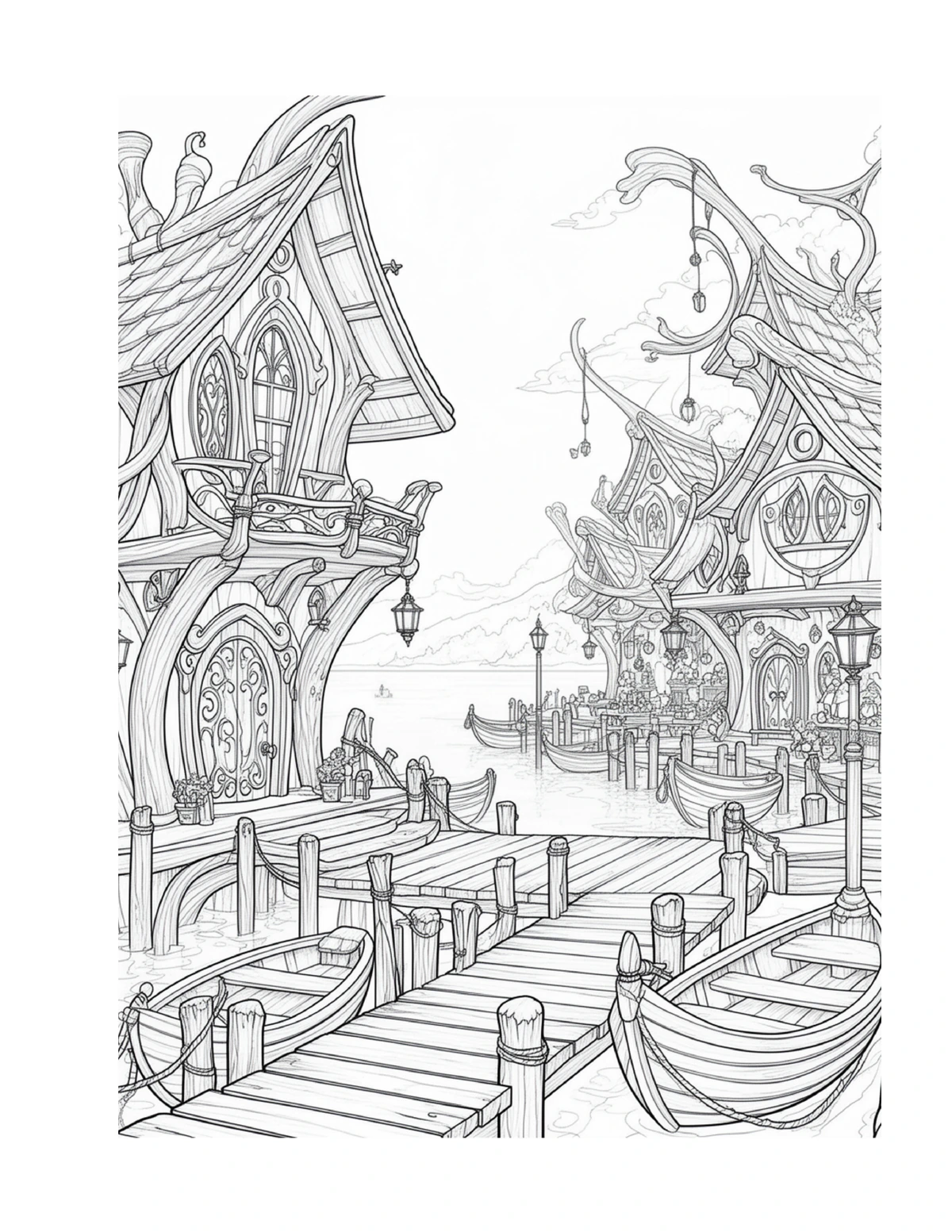 Fairy waterfront street with steps and moored boats, black-and-white coloring page from Fairy Architecture: Fairy Harbor Edition