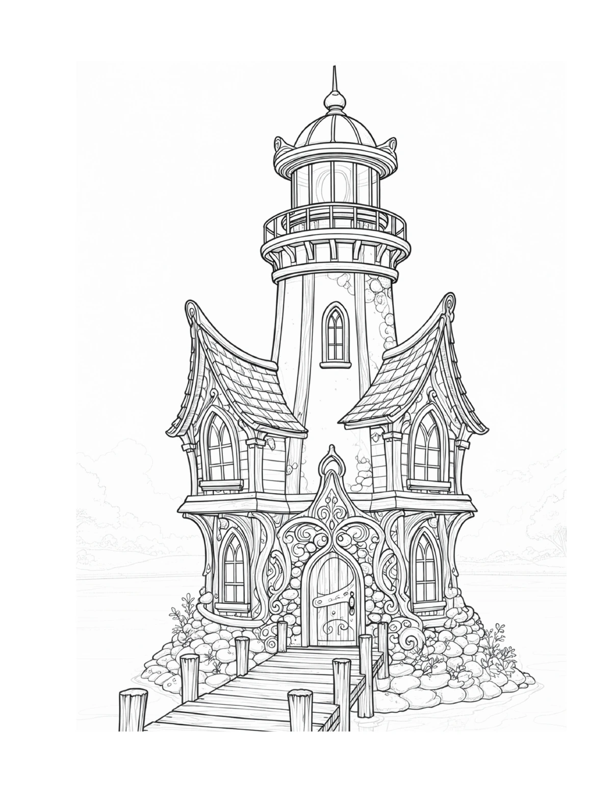 Fairy lighthouse rising above clustered harbor homes, black-and-white coloring page from Fairy Architecture: Fairy Harbor Edition