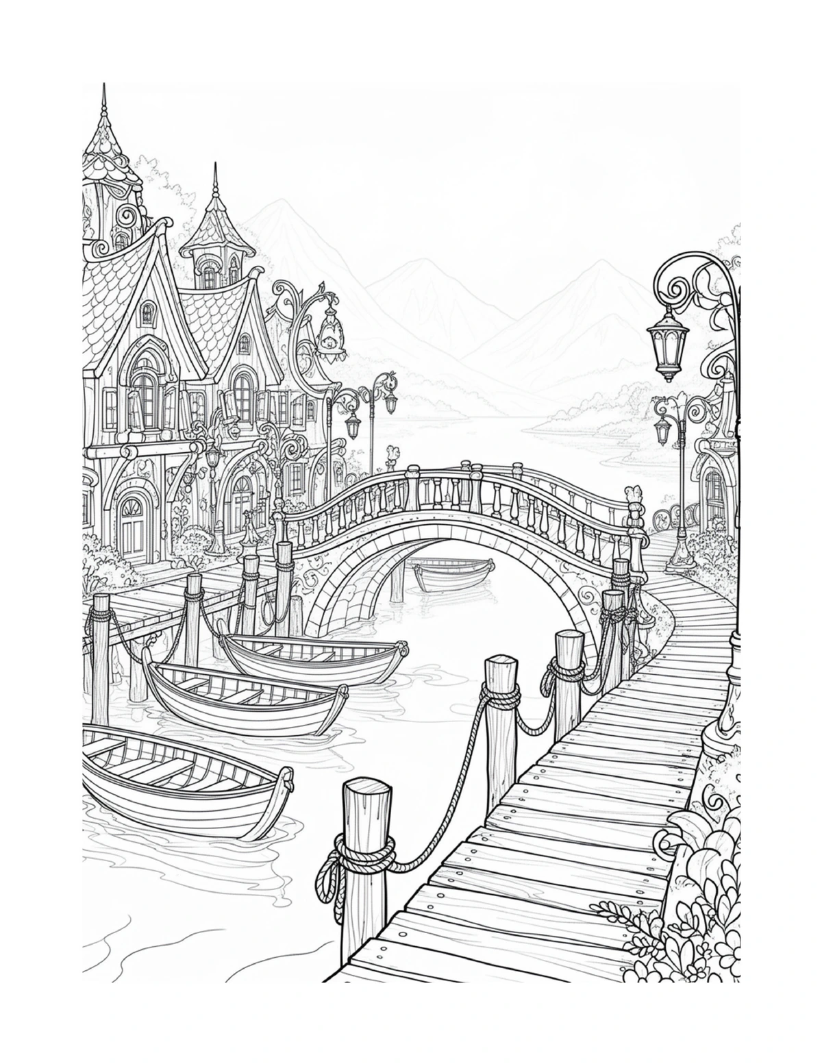 Lantern-lined bridge overlooking a fairy harbor, black-and-white coloring page from Fairy Architecture: Fairy Harbor Edition