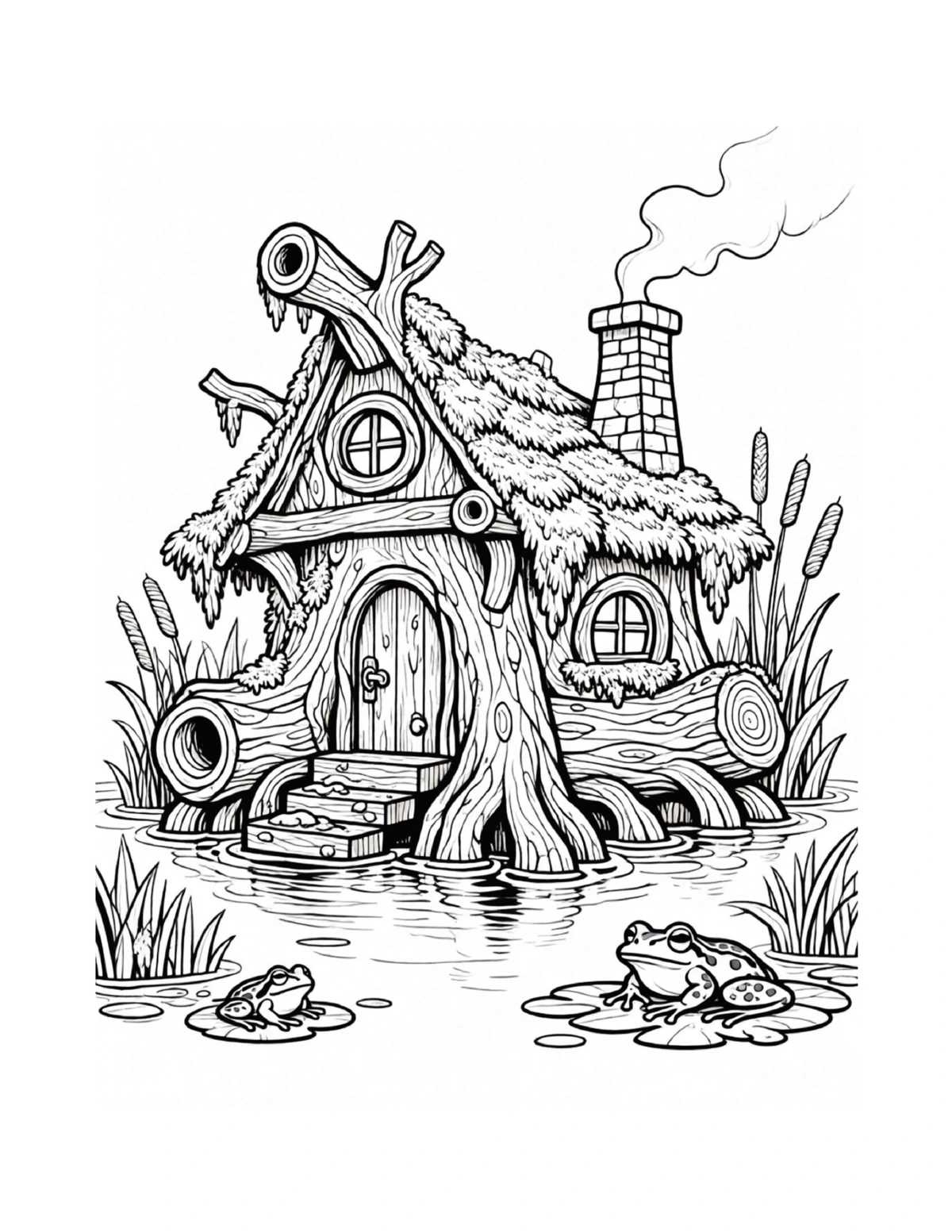 Curving fairy cottage with a whimsical roof, black-and-white coloring page from Fairy Architecture