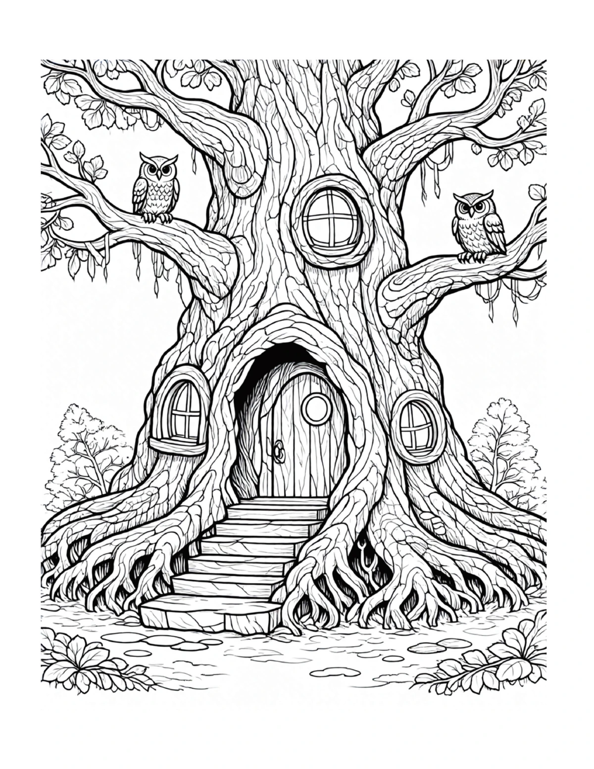 Fairy doorway built into the roots of an ancient tree, black-and-white coloring page from Fairy Architecture