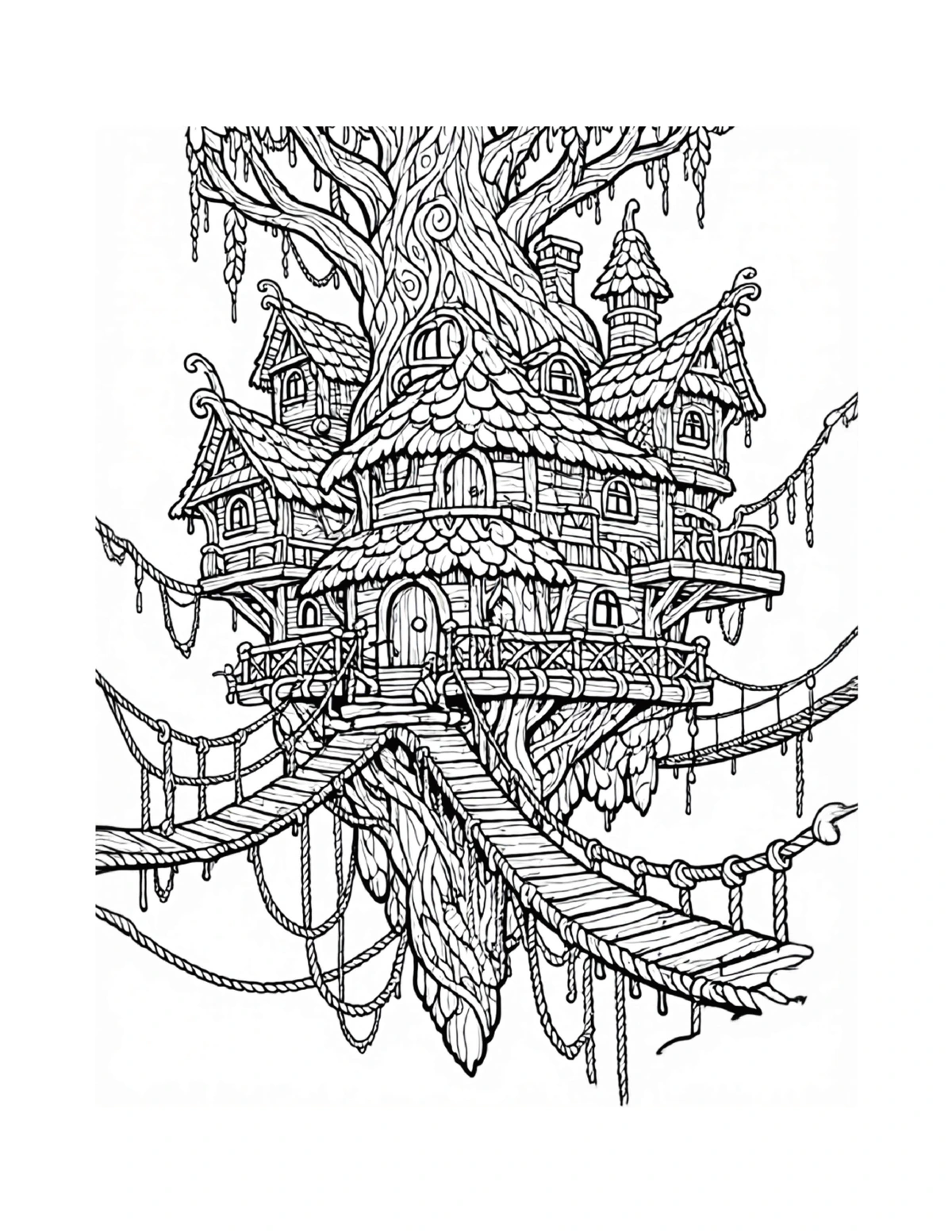 Elaborate fairy treehouse connected by winding stairs, black-and-white coloring page from Fairy Architecture