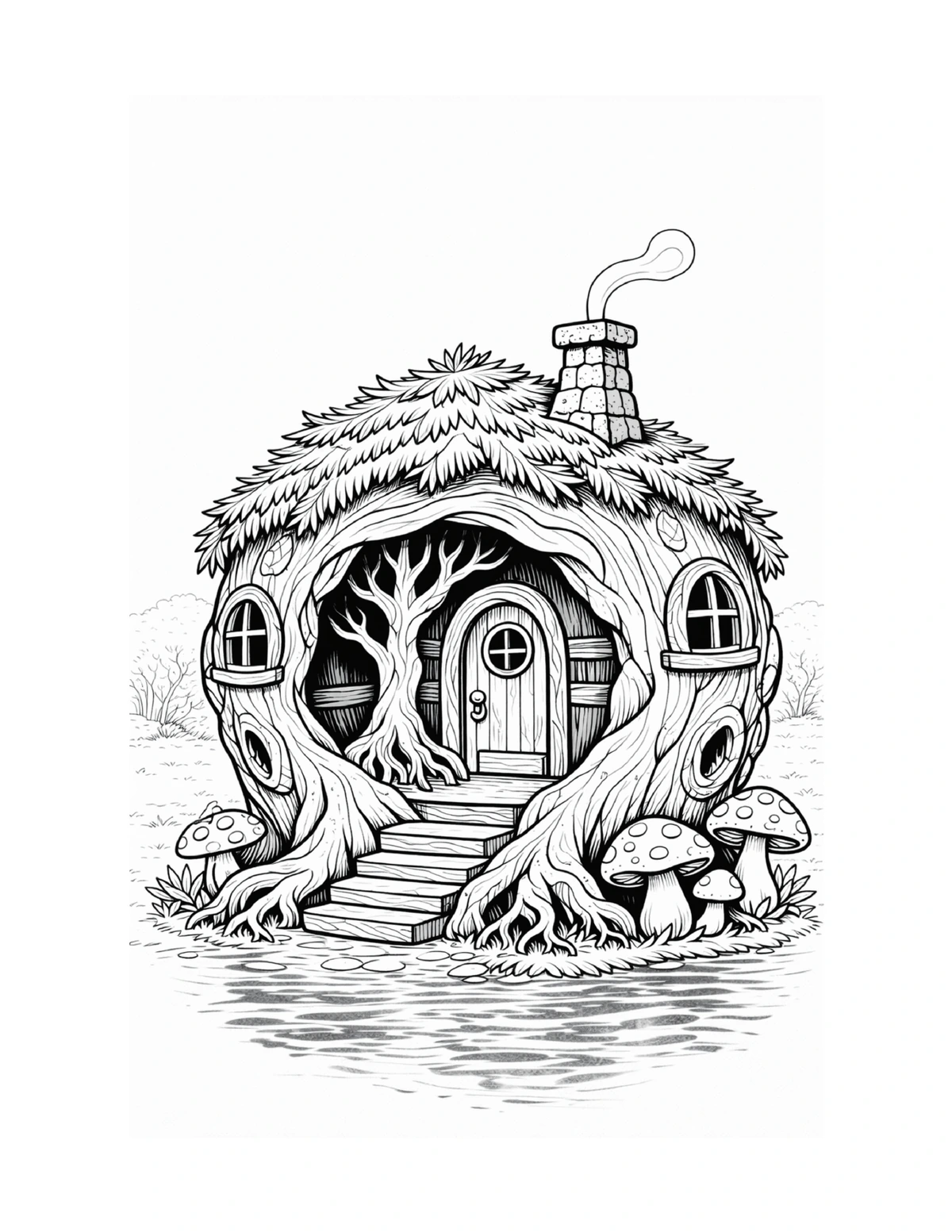 Round fairy cottage resting beside the water, black-and-white coloring page from Fairy Architecture