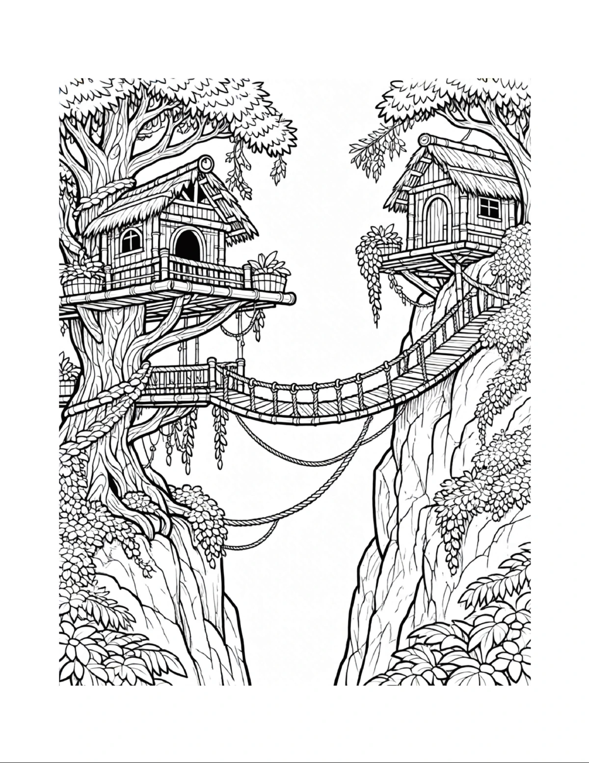 Two fairy homes joined by a bridge across a ravine, black-and-white coloring page from Fairy Architecture