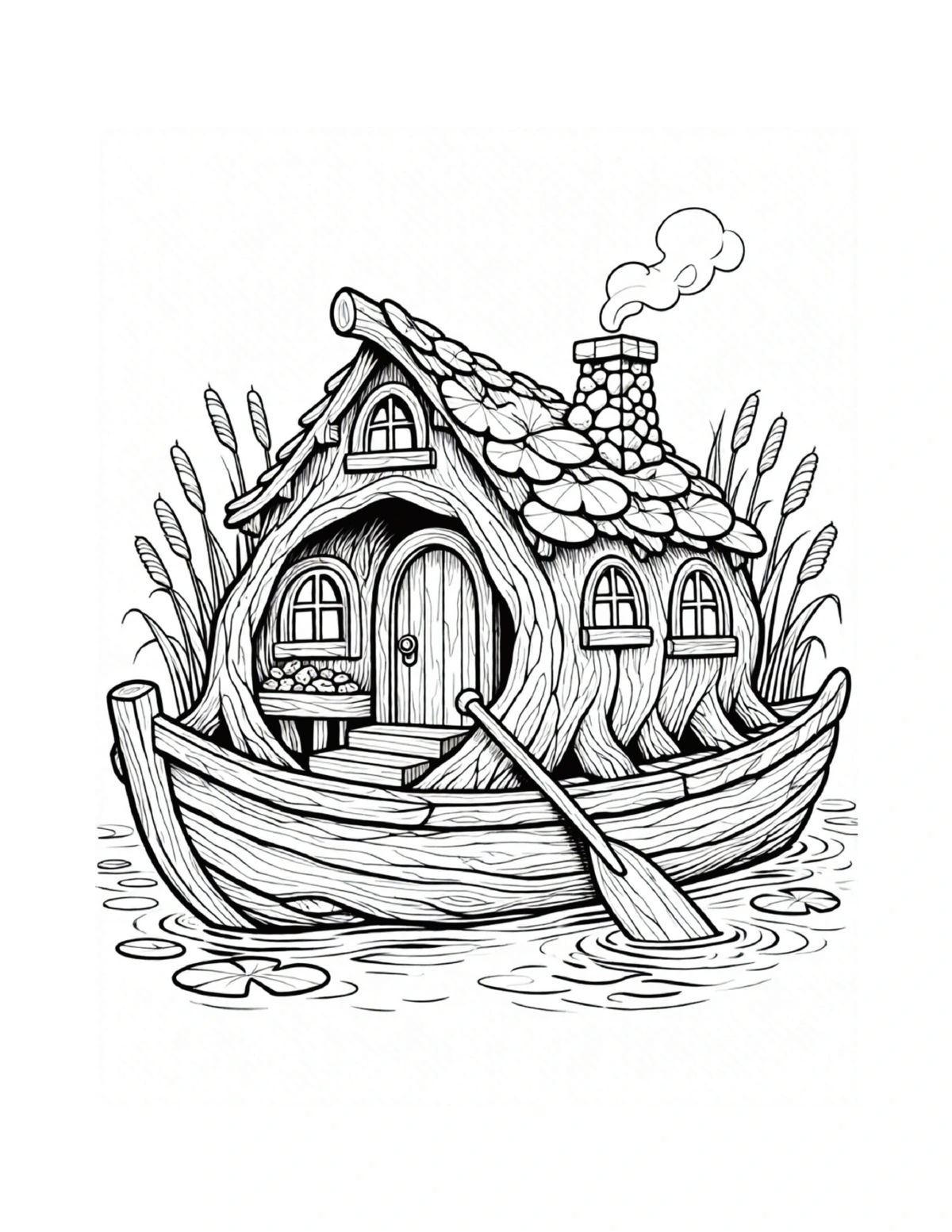 Fairy house shaped like a small sailing boat, black-and-white coloring page from Fairy Architecture