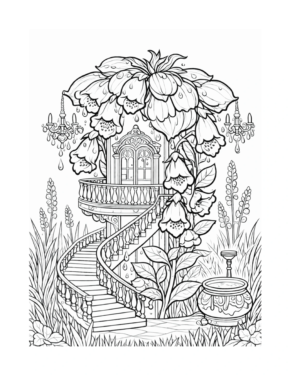 Fairy doorway beneath a canopy of flowers and leaves, black-and-white coloring page from Fairy Architecture