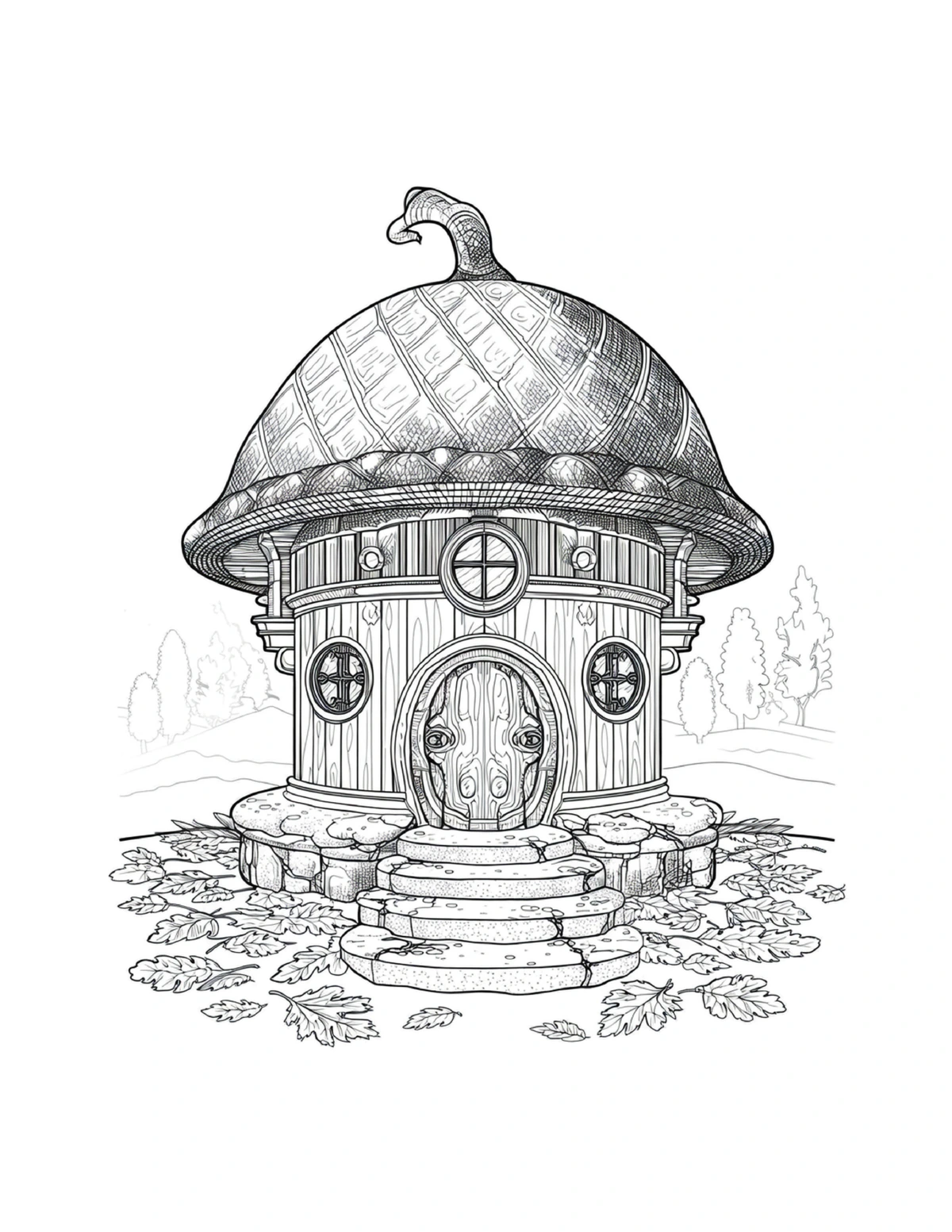 Round fairy cottage with a curled roof and chimney, black-and-white coloring page from Fairy Architecture: Whimsical Edition