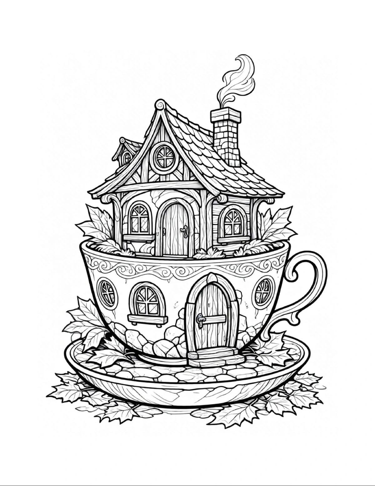 Whimsical fairy home formed from a teacup, black-and-white coloring page from Fairy Architecture: Whimsical Edition