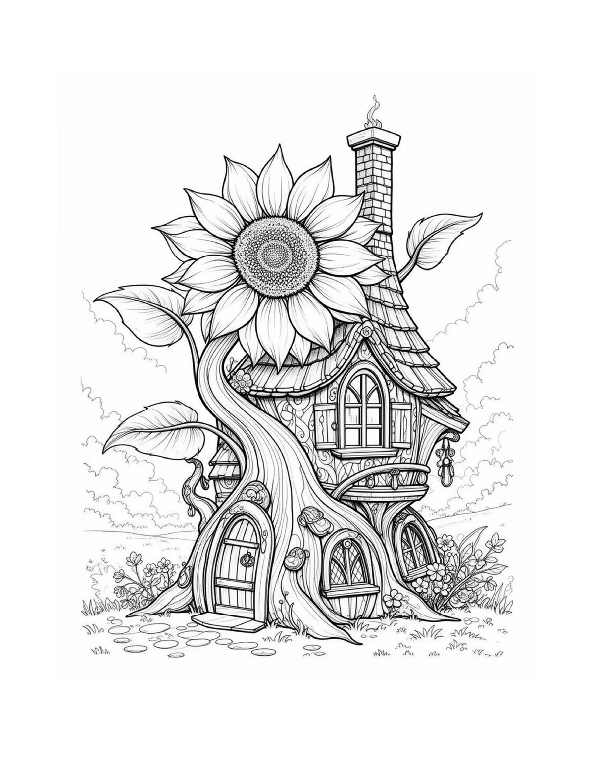 Sunflower-inspired fairy house with an arched doorway, black-and-white coloring page from Fairy Architecture: Whimsical Edition