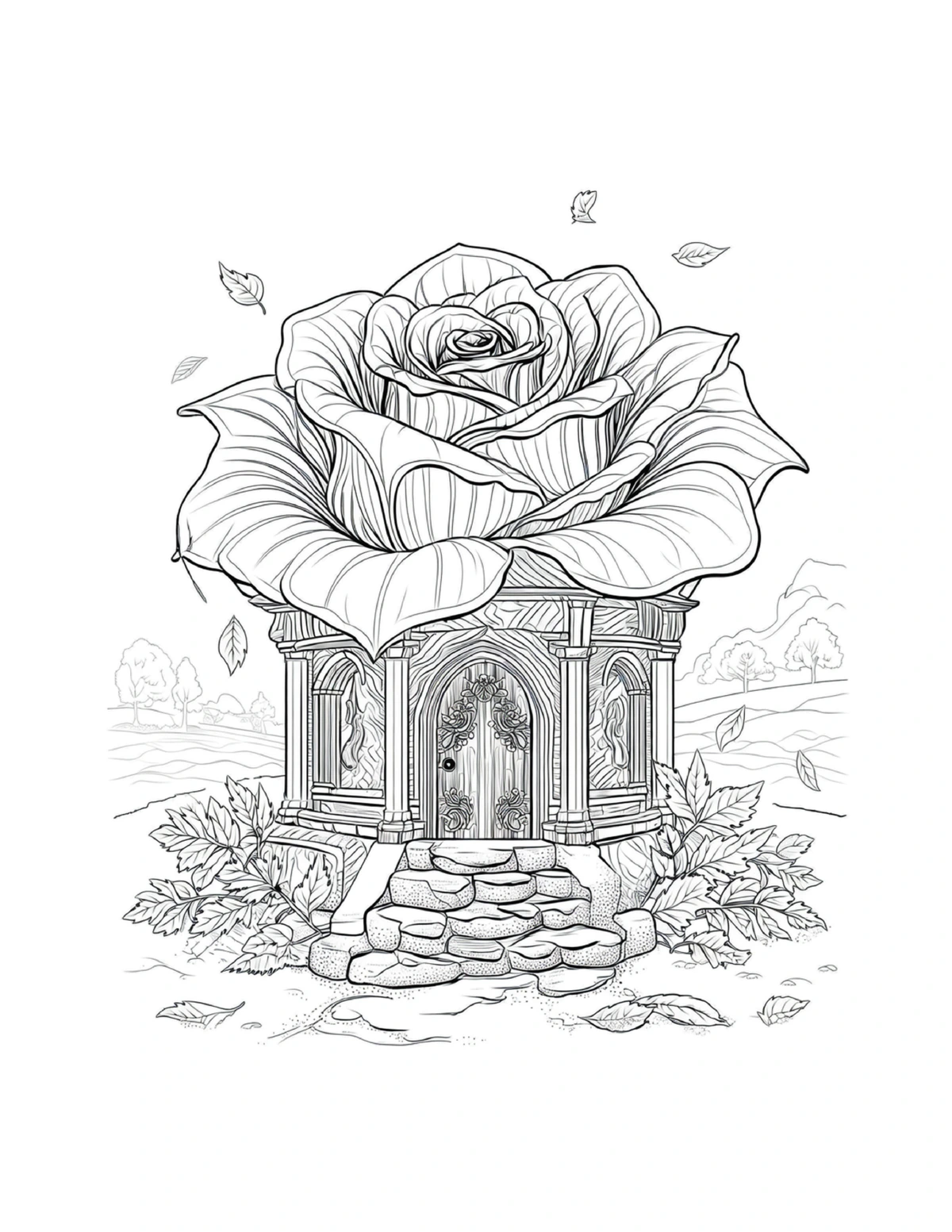 Tiny fairy doorway nestled inside a blooming rose, black-and-white coloring page from Fairy Architecture: Whimsical Edition