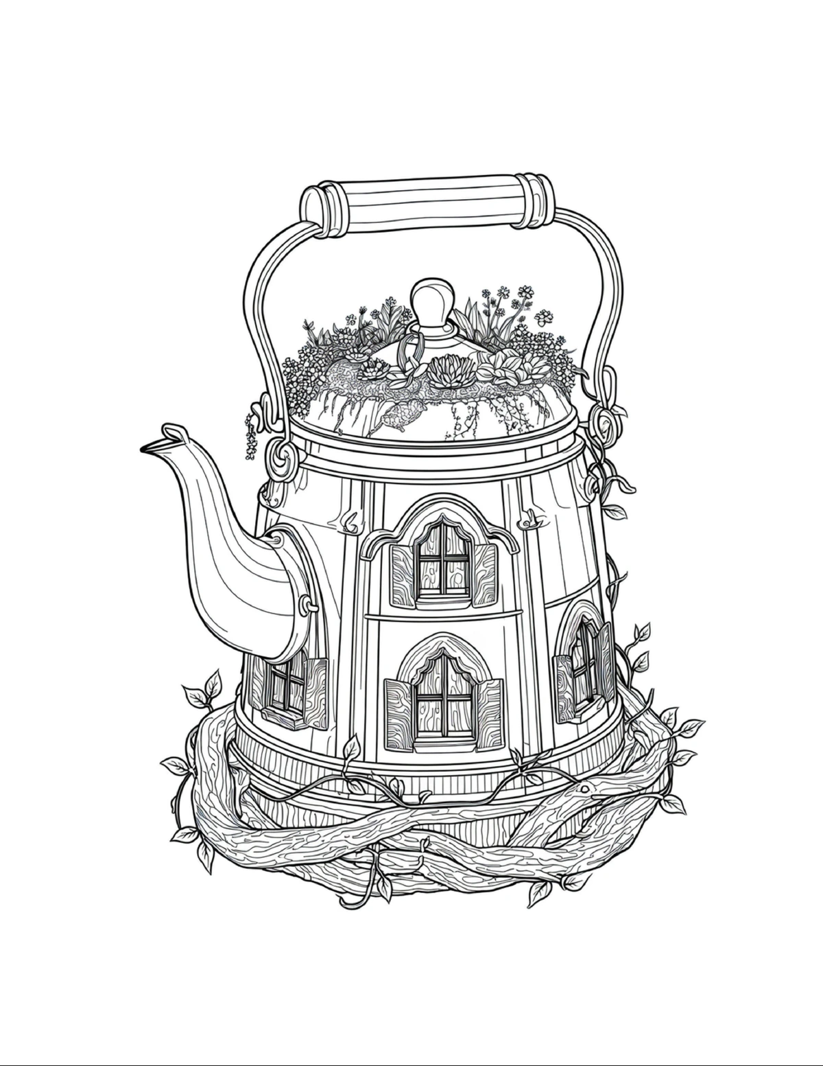 Fairy house built into an ornate kettle, black-and-white coloring page from Fairy Architecture: Whimsical Edition