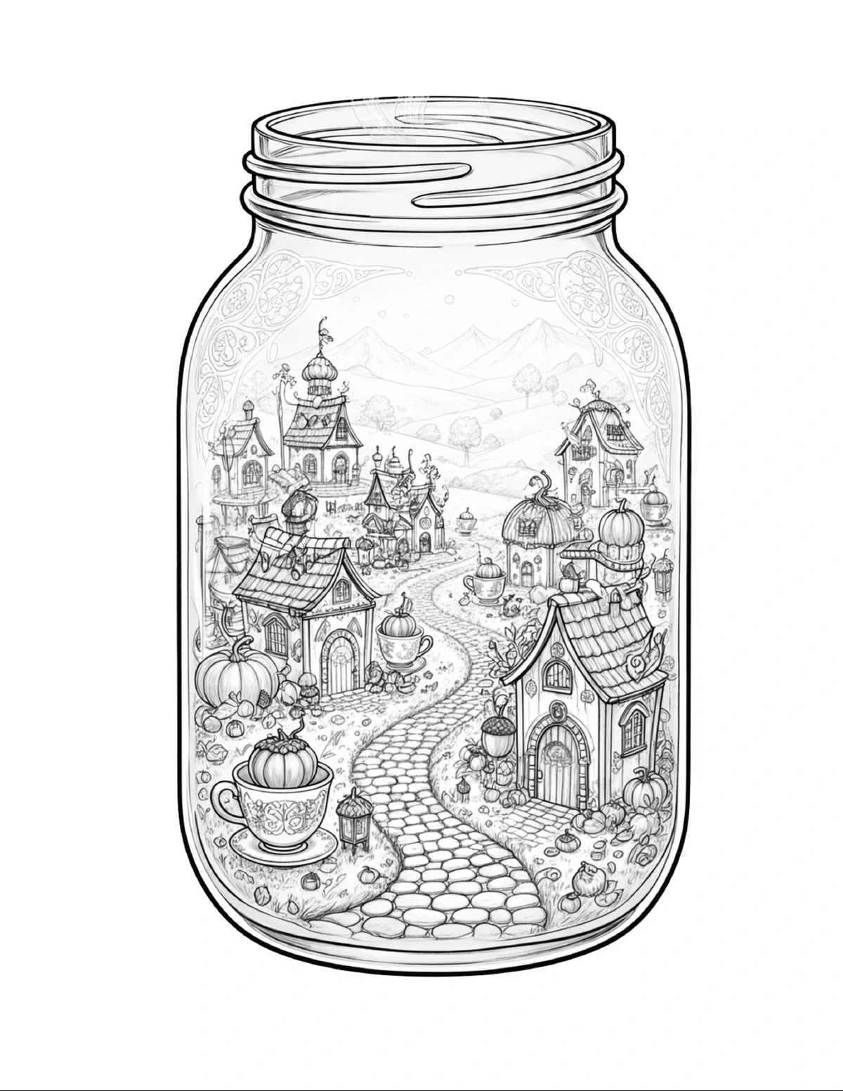 Miniature fairy village displayed inside a glass jar, black-and-white coloring page from Fairy Architecture: Whimsical Edition