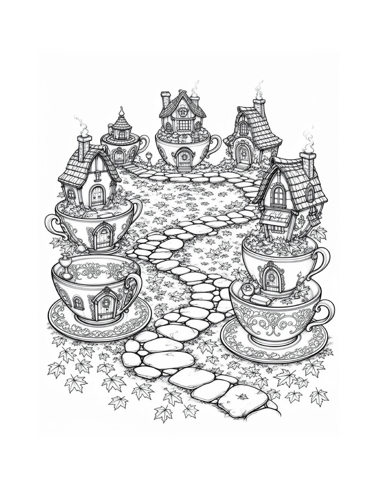 Fairy tea-party village with teacup-shaped homes, black-and-white coloring page from Fairy Architecture: Whimsical Edition