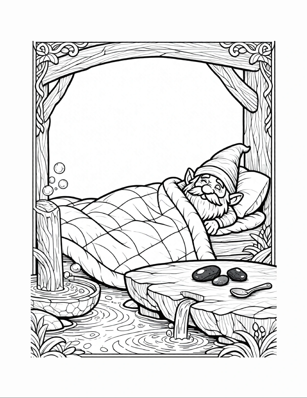 Sleepy gnome waking beneath a cozy wooden bed, black-and-white coloring page from Gnomes: A Day in the Life