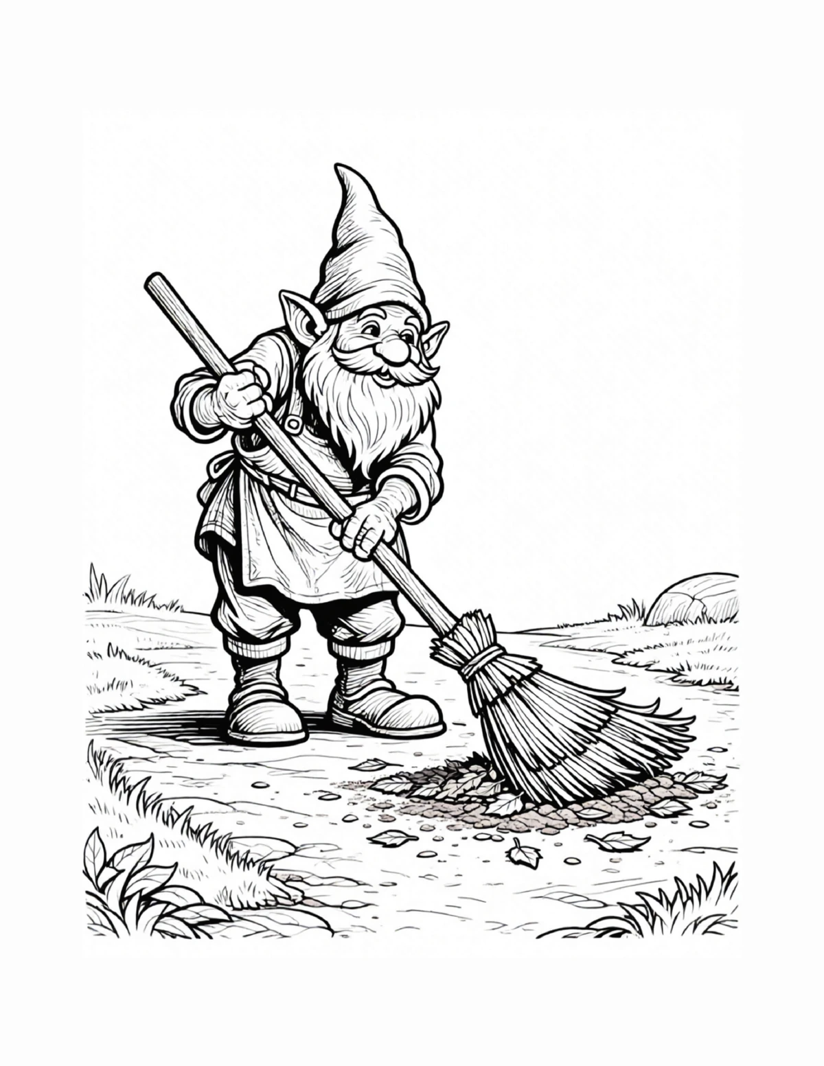 Gnome sweeping a garden path in the morning, black-and-white coloring page from Gnomes: A Day in the Life
