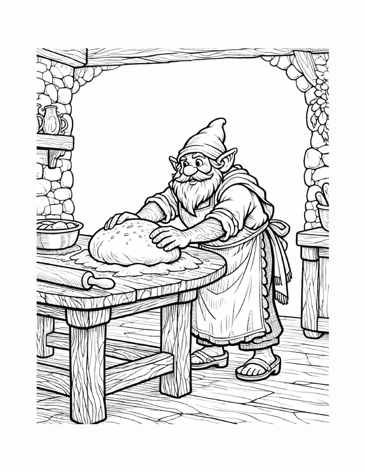 Gnome working carefully at a wooden workbench, black-and-white coloring page from Gnomes: A Day in the Life