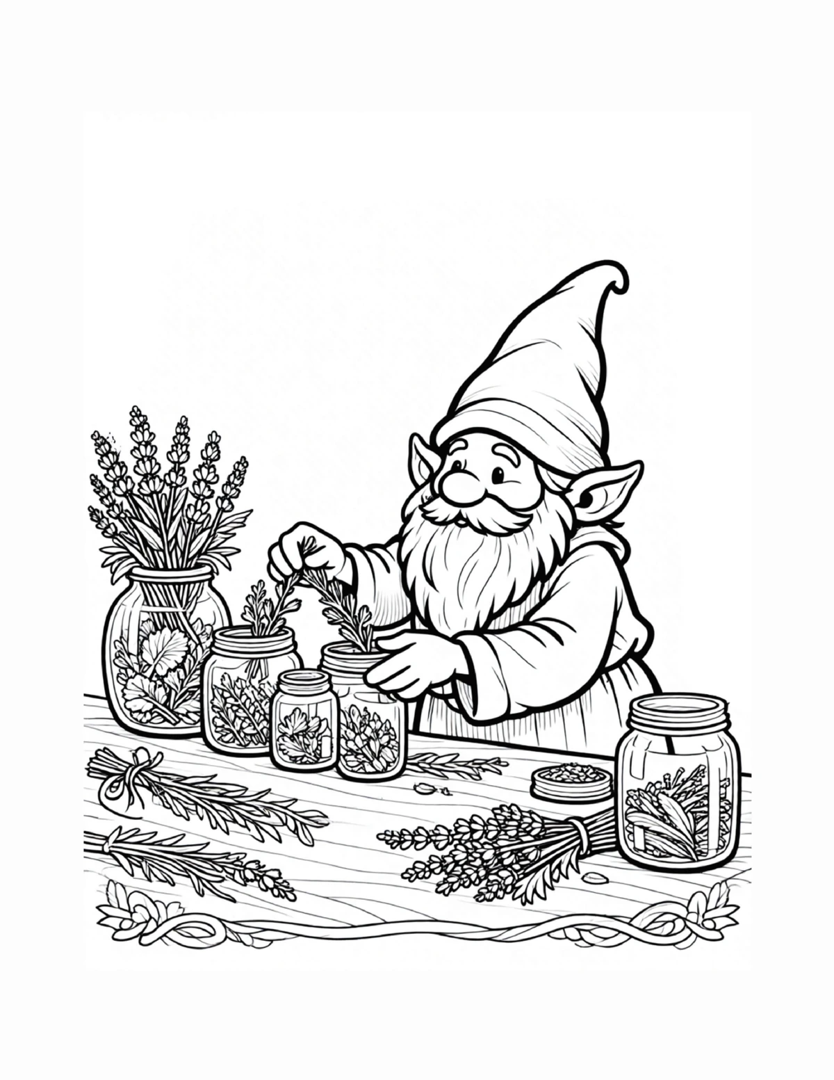 Gnome arranging produce at an outdoor market table, black-and-white coloring page from Gnomes: A Day in the Life