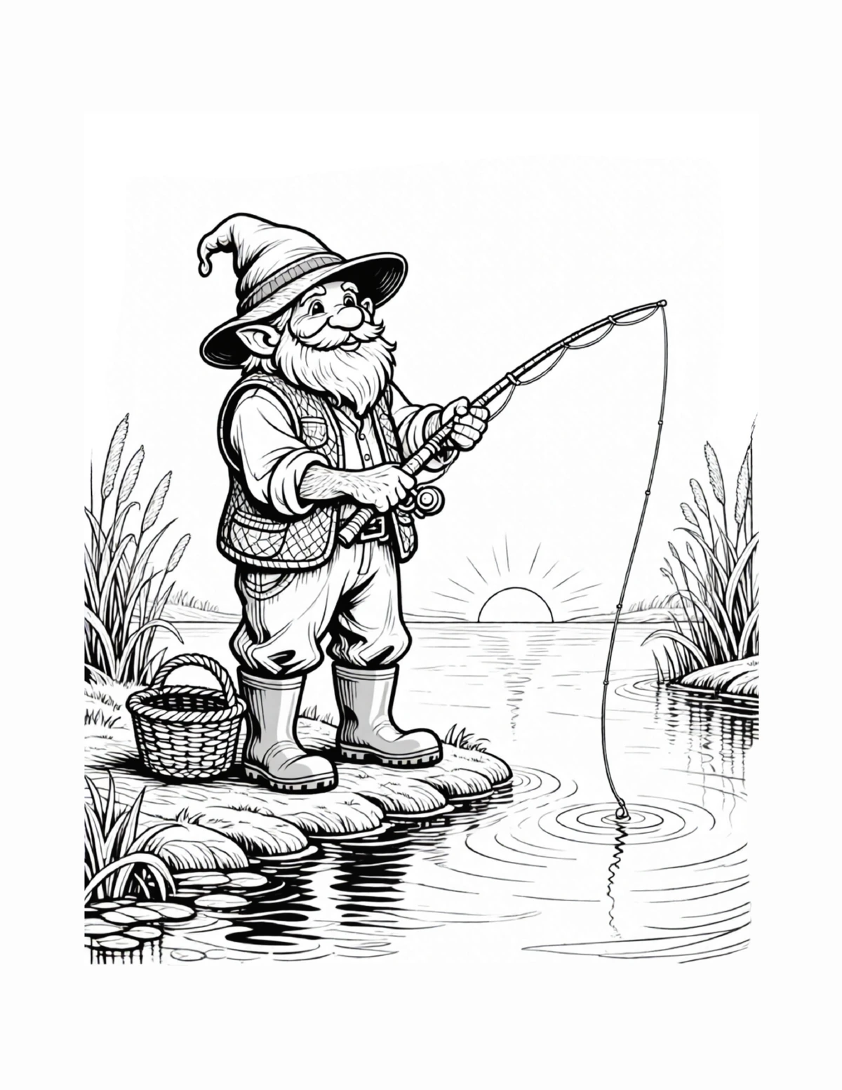 Gnome fishing quietly beside a pond, black-and-white coloring page from Gnomes: A Day in the Life