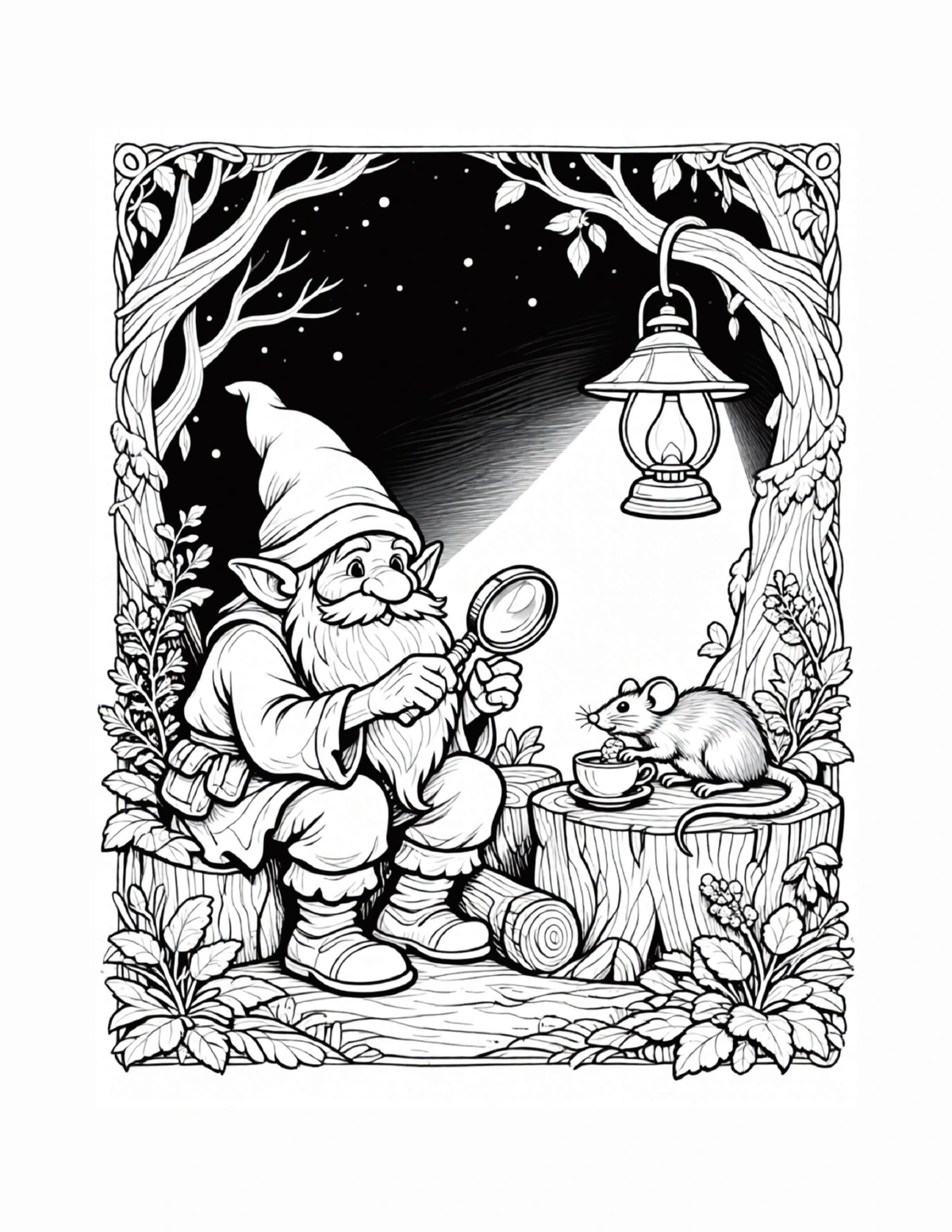 Gnome walking through the garden with a lantern at dusk, black-and-white coloring page from Gnomes: A Day in the Life