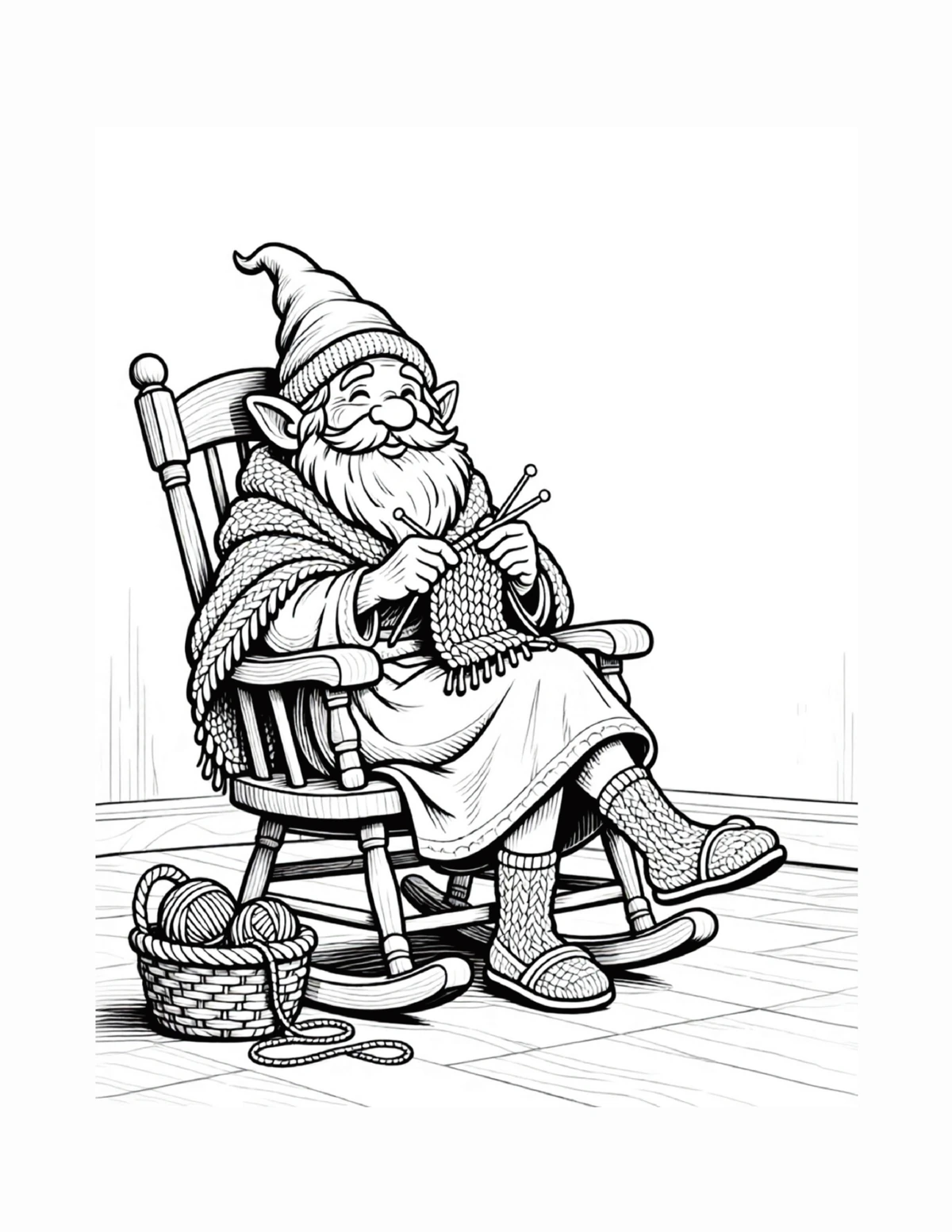 Gnome relaxing in a rocking chair at the end of the day, black-and-white coloring page from Gnomes: A Day in the Life