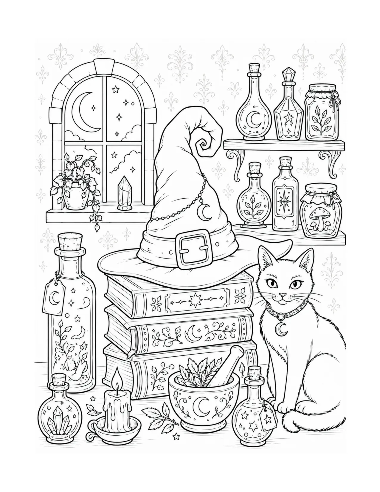 Whimsical witch hat, potion bottles, books, and black cat, coloring page from Hodgepodge Hocus Pocus
