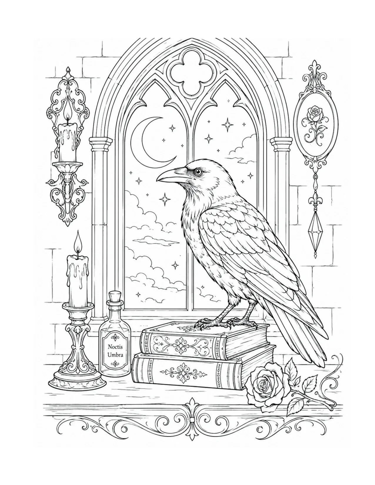 Raven perched beside candles and gothic books, coloring page from Hodgepodge Hocus Pocus