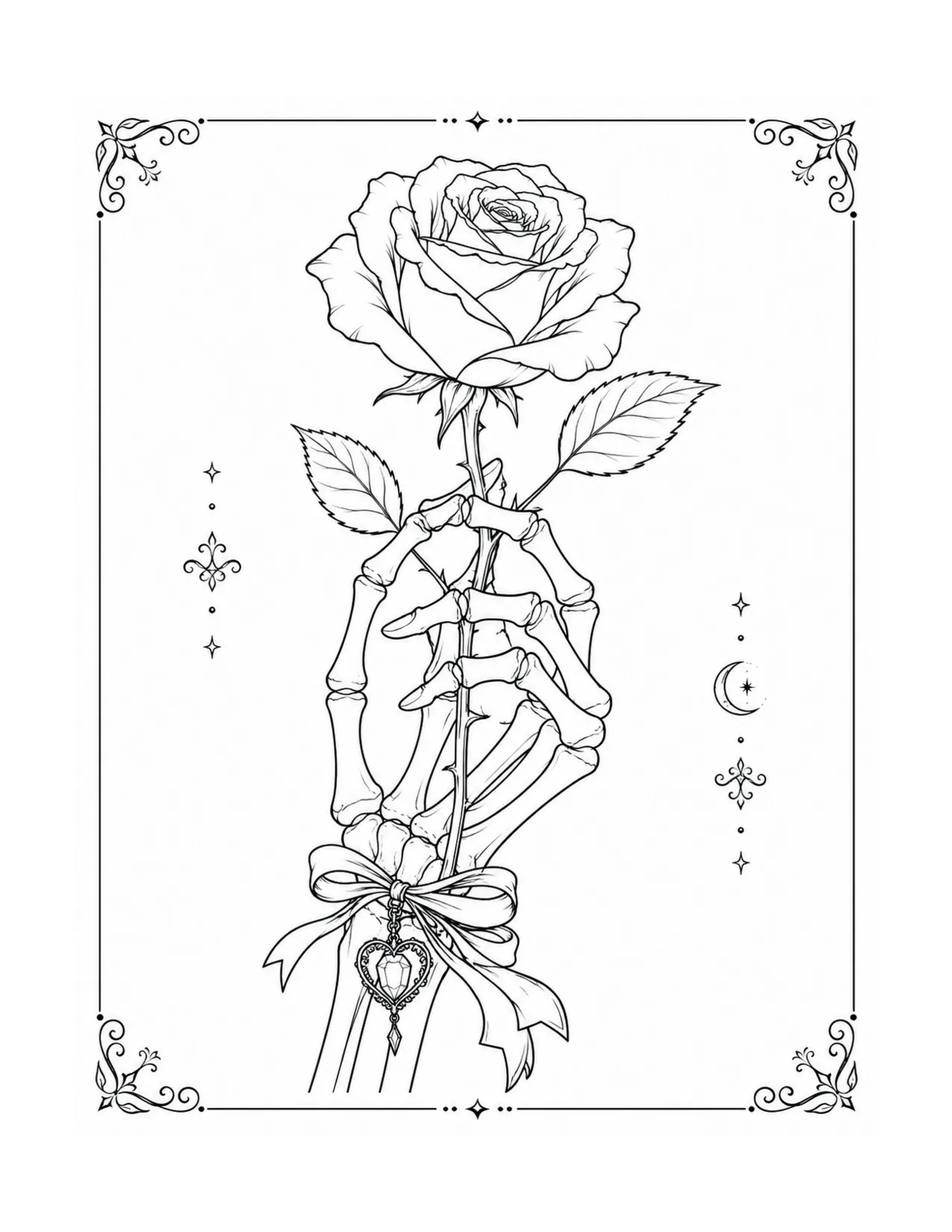 Skeleton hand holding a rose in an ornate frame, coloring page from Hodgepodge Hocus Pocus